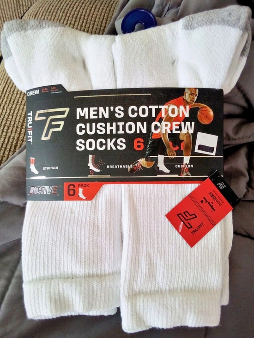 TRU FIT Men Active Cotton Cushion Crew Socks 6 Pack White Size 7-12